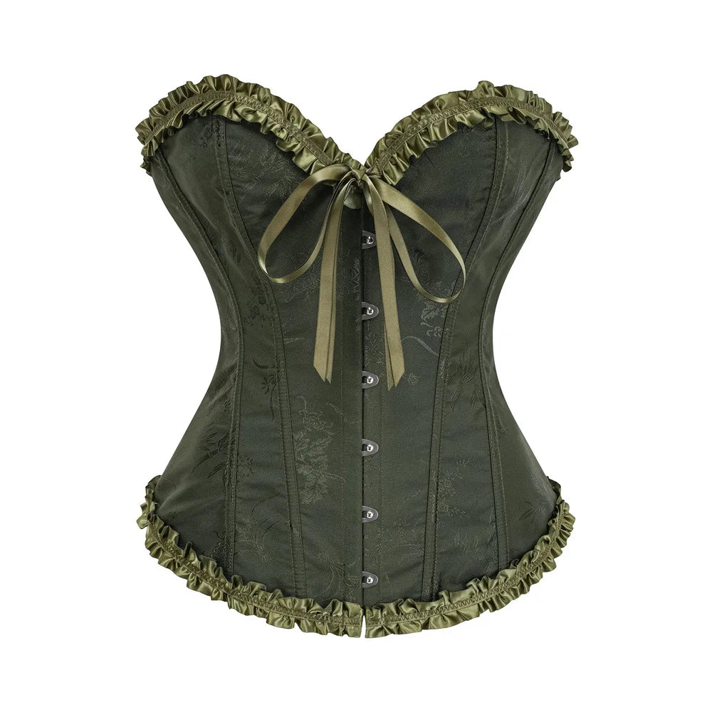 USA-Made Jacquard Ruffled Overbust Corset – Gothic Victorian Push-Up Bustier