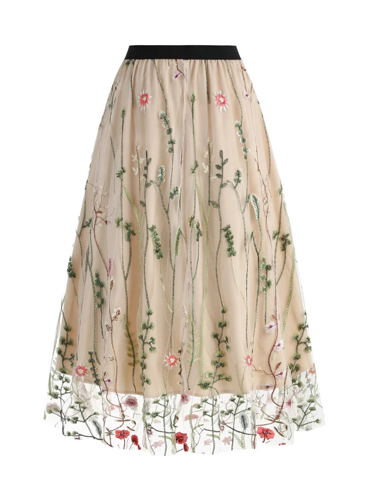 Tonval Floral Embroidered Mesh Midi Skirt – Elegant & Vintage