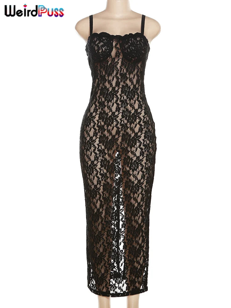 Sheer Lace Bodycon Maxi Dress