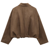 HXAO Women's Bomber Jacket Lapel Long Sleeve Zipper Suede Jacket Women 2025 High Street Cropped Racing Jackets Coats Outerwears