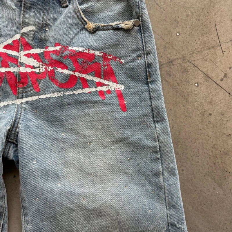 Y2K Graffiti Rhinestone Jorts | Retro Hip Hop Baggy Distressed Denim Shorts