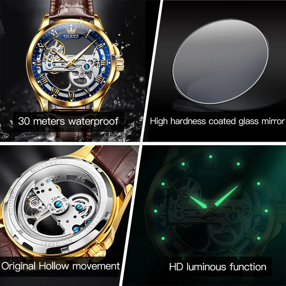 OLEVS 6661 Automatic Mechanical Man Watch Full Transparant Skeleton Flywheel Leather Strap Luxury Brand Original Mens Wristwatch