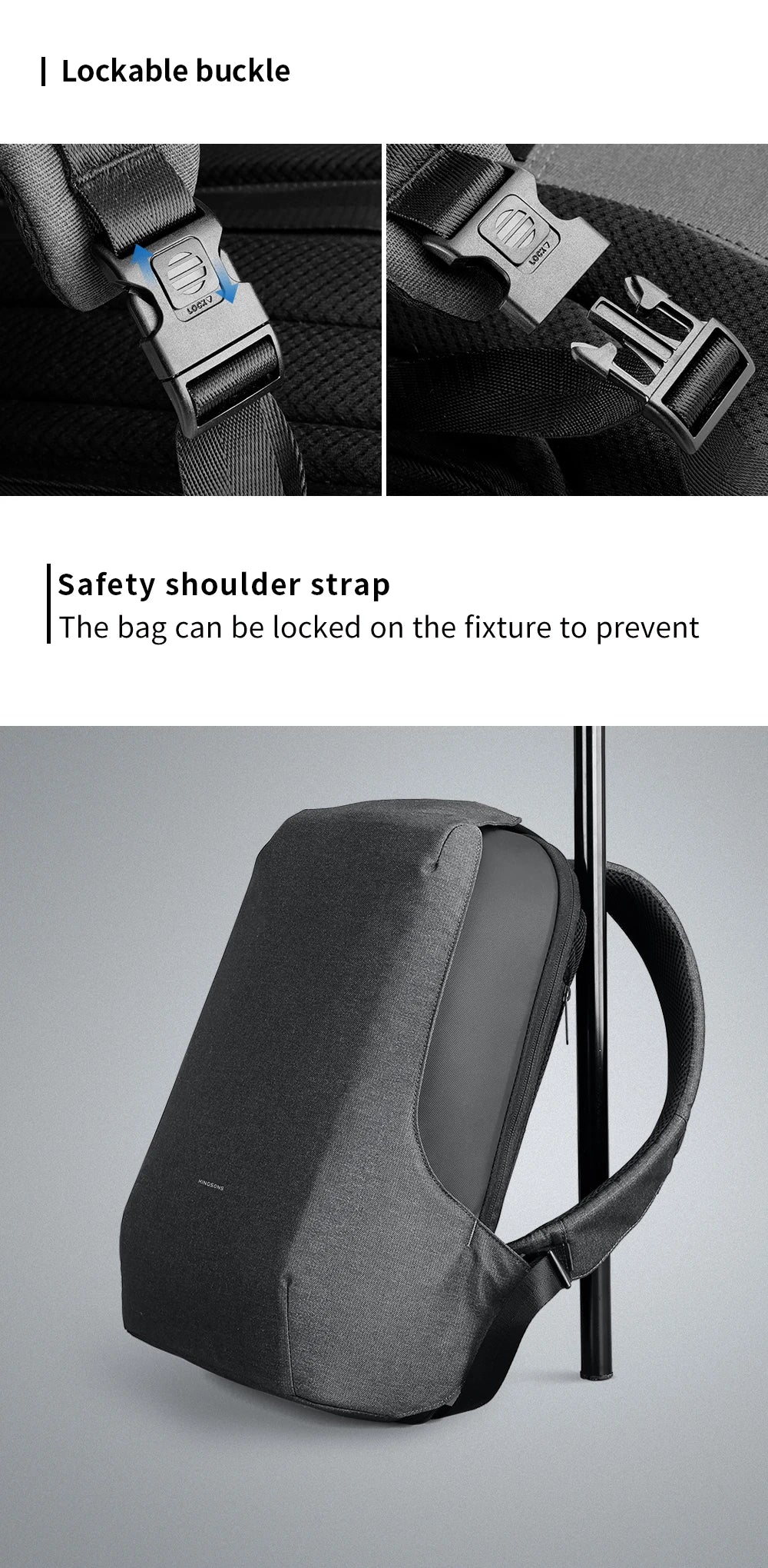 Kingsons  Anti-theft Men Backpack 180 Degree Open USB Charging Laptop Backpack 15.6 inch School Bags for Teenage Boys