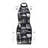 Vintage Print Halter Bodycon Mini Dress | Y2K Streetwear