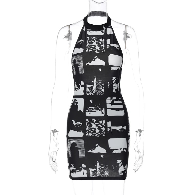 Vintage Print Halter Bodycon Mini Dress | Y2K Streetwear