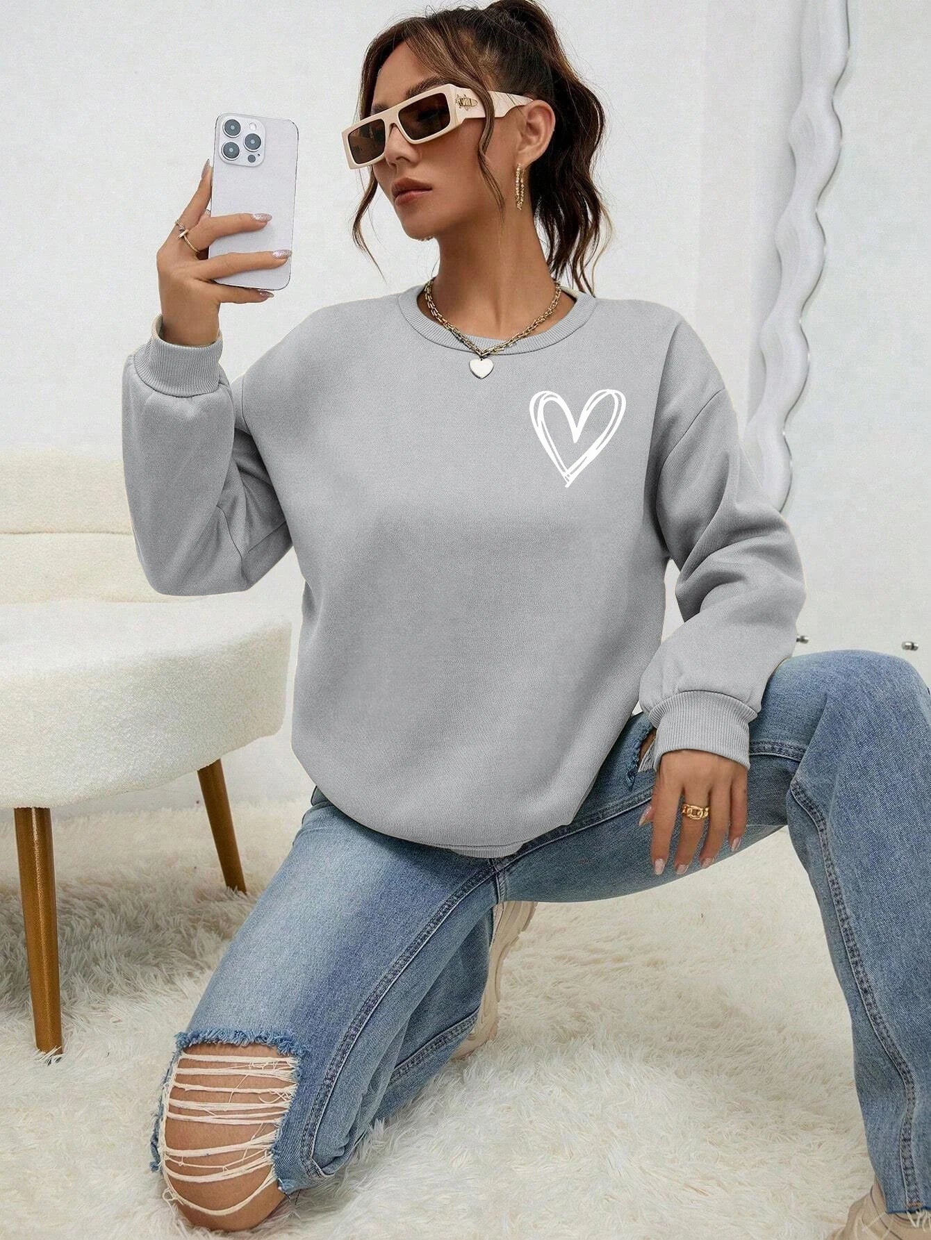 Heart Pattern Fleece Crewneck