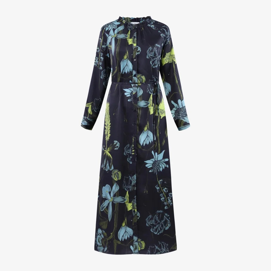 Elegant Ruffled-Neck Satin Dress