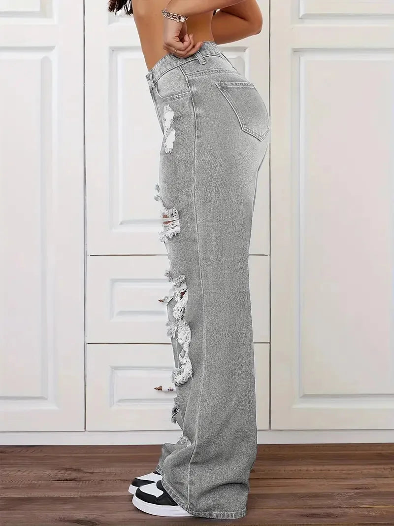 Women's Distressed Wide Leg Jeans | High Waist Denim