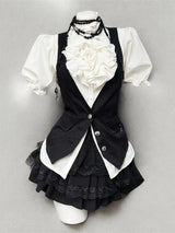 Harajuku Gothic Retro Chic Outfit Women Bubble Sleeve Shirt + Slim Vest + Short Cake Skirt New Vintage Fashion 3 Piece Suit 2025