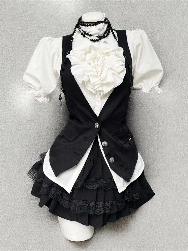 Harajuku Gothic Retro Chic Outfit Women Bubble Sleeve Shirt + Slim Vest + Short Cake Skirt New Vintage Fashion 3 Piece Suit 2025