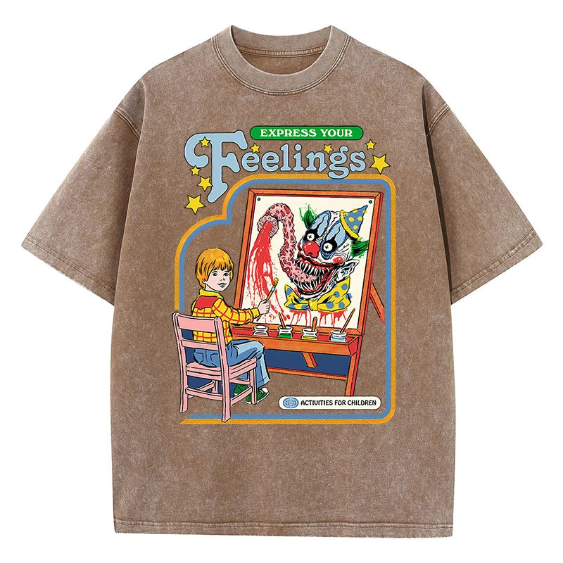 Unisex Washed Vintage Clown Graphic Cotton T-Shirt