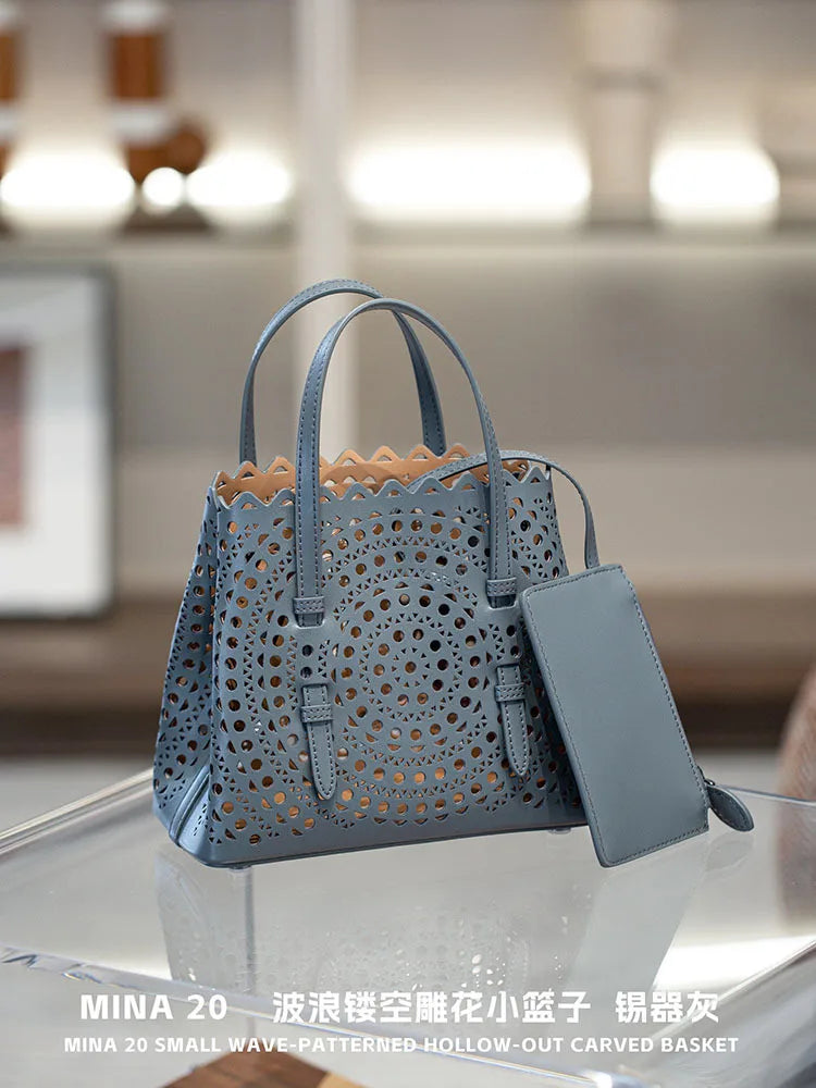 New Tote Bag French Cowhide Handmade Bag Niche Laser Engraved Hollow Leather Vegetable Basket Bag Casual Versatile Temperament