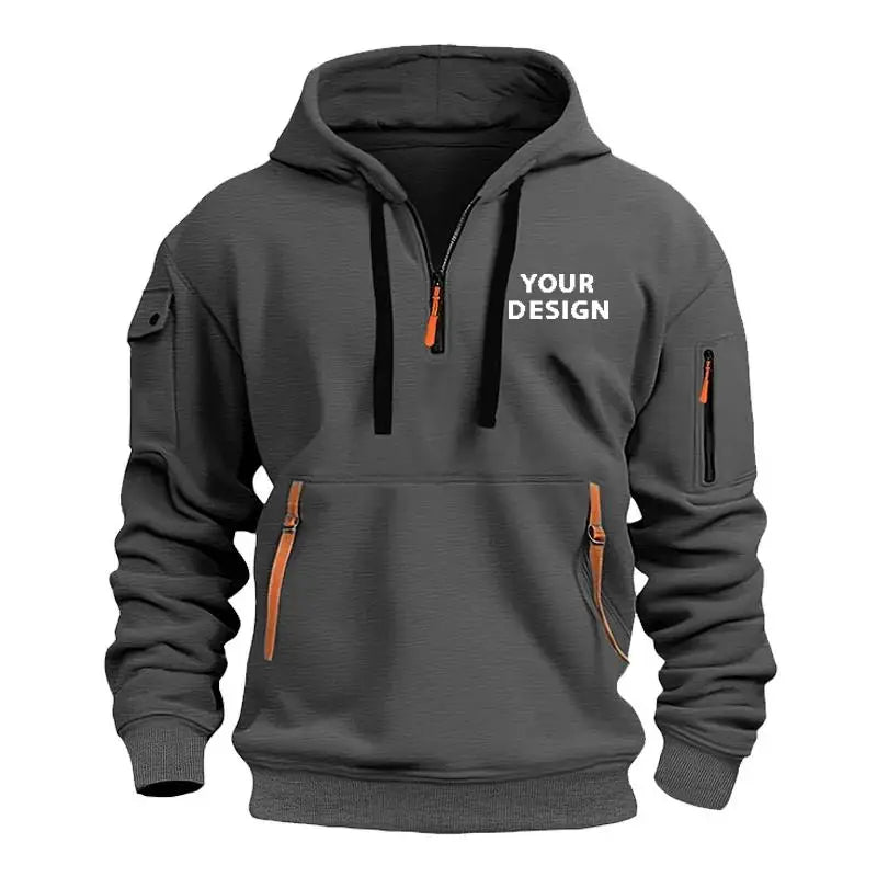 European New Men's Sports Zipper Arm Pocket Loose Casual Sweatshirt Customize Your Logo Dropped Shoulder Hooded Jacket Pullover
