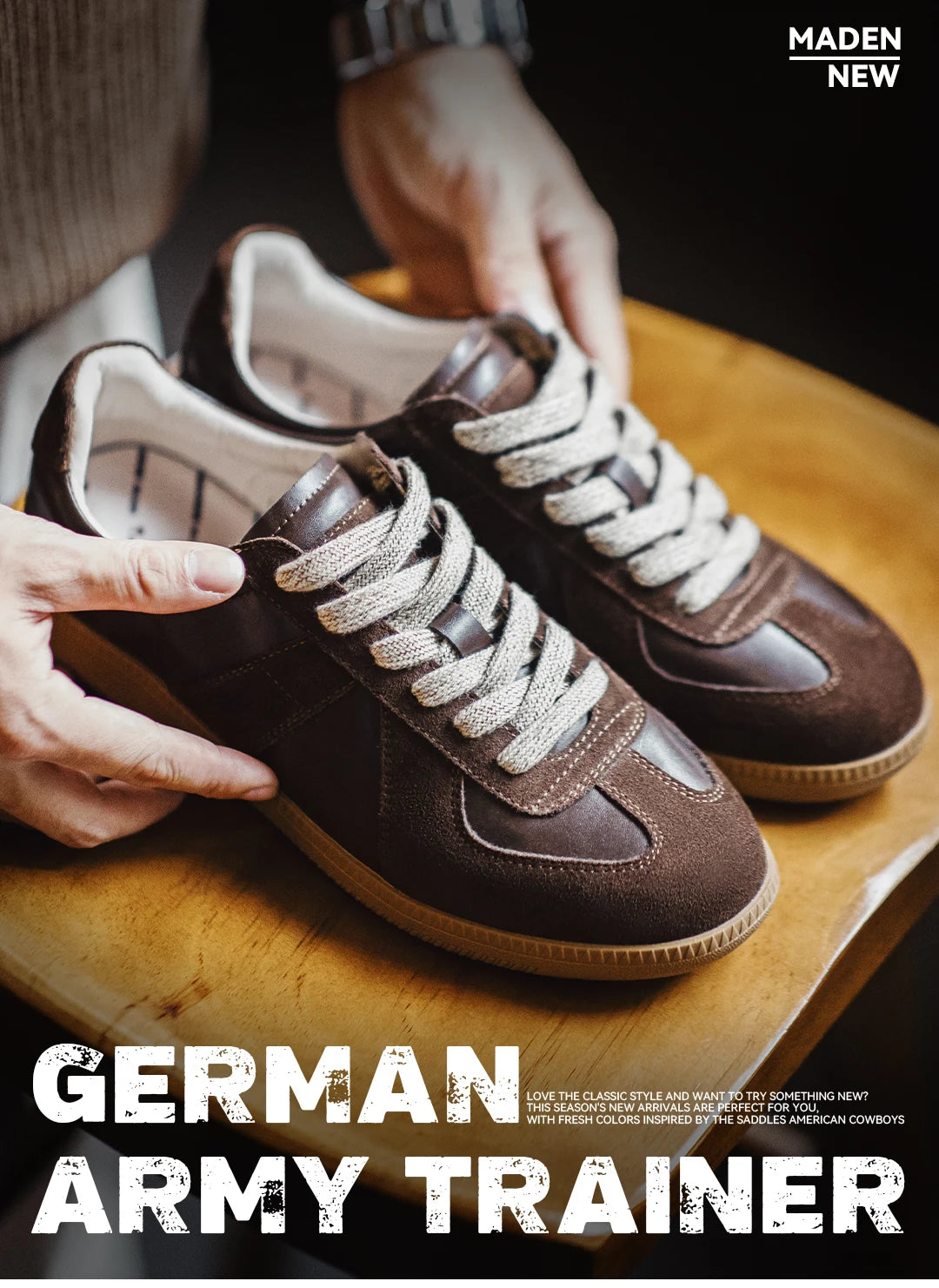 Maden Classic Brown Spliced German Trainer Shoes Flat Low-top Sneakers for Men's Spring and Autumn Casual Lace-up Sporty Shoes