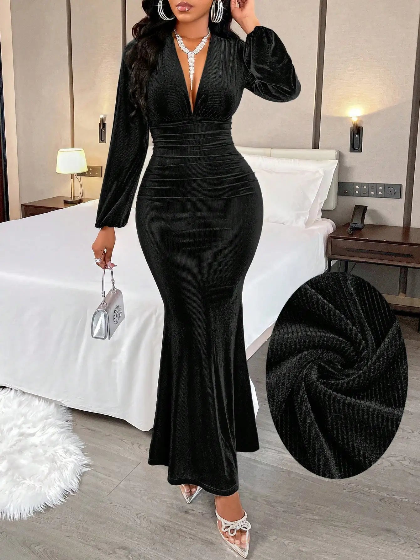 Women’s Elegant V-Neck Velvet Mermaid Evening Gown