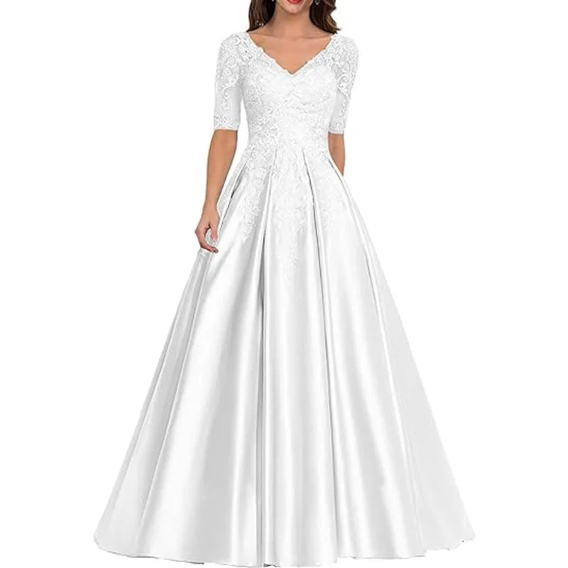 A Line Women Evening Dresses Satin Appliques V Neck Prom Party Gowns Formal Occasion robes de soirée