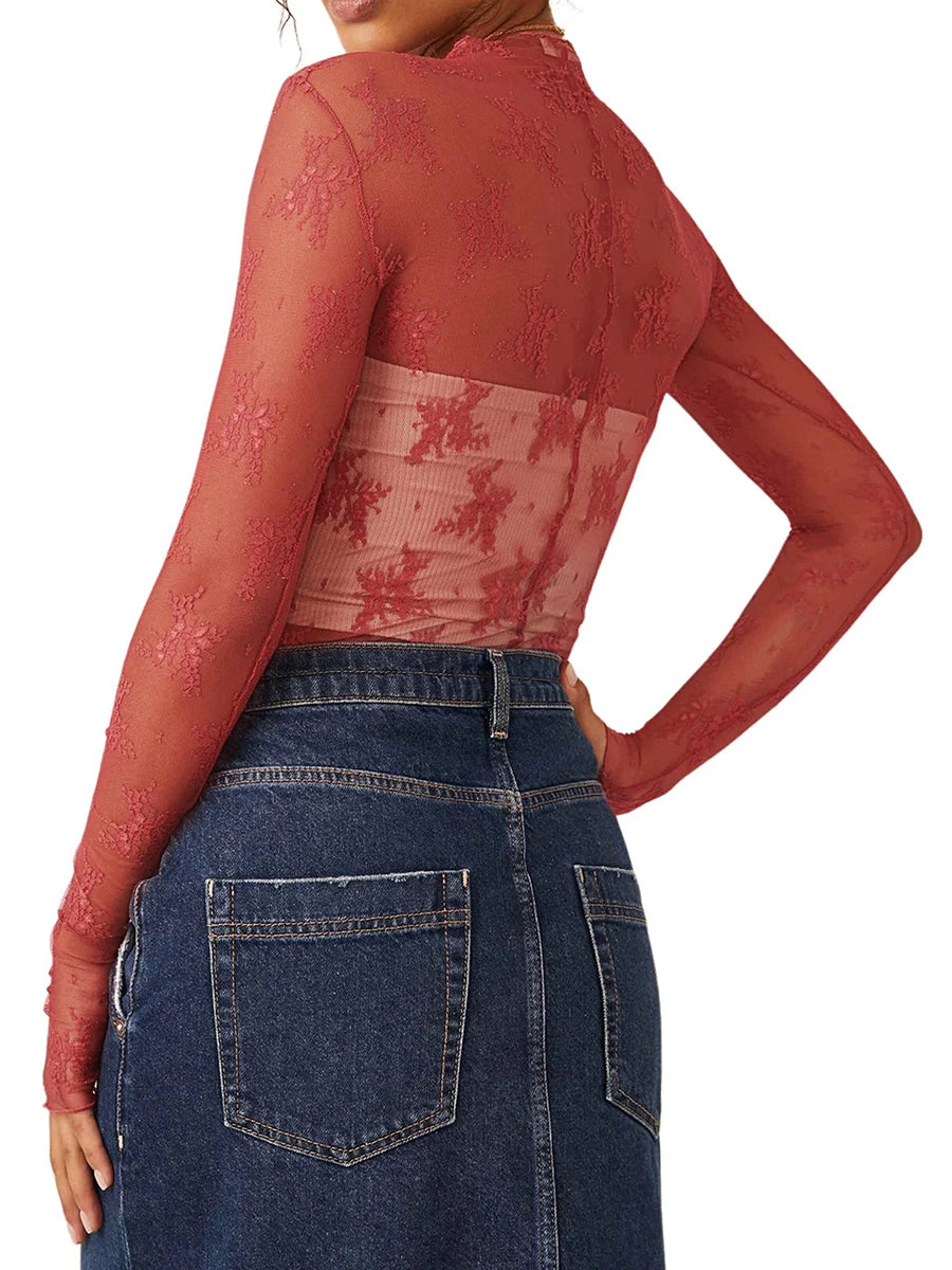Floral Lace Sheer Mesh Long Sleeve Top