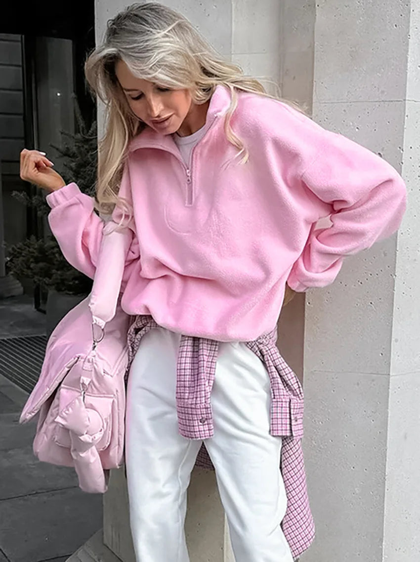 Women Autumn Winter Fleece Hoodies Elegant Stand Collar Zipper Loose Sweatshirt Elegant Solid Pullover Casual Top Streetwear