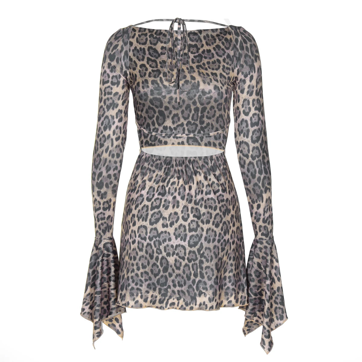 Leopard Print Backless Lace-Up Flare Sleeve Mini Dress