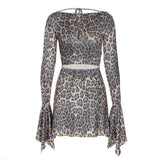 Leopard Print Backless Lace-Up Flare Sleeve Mini Dress