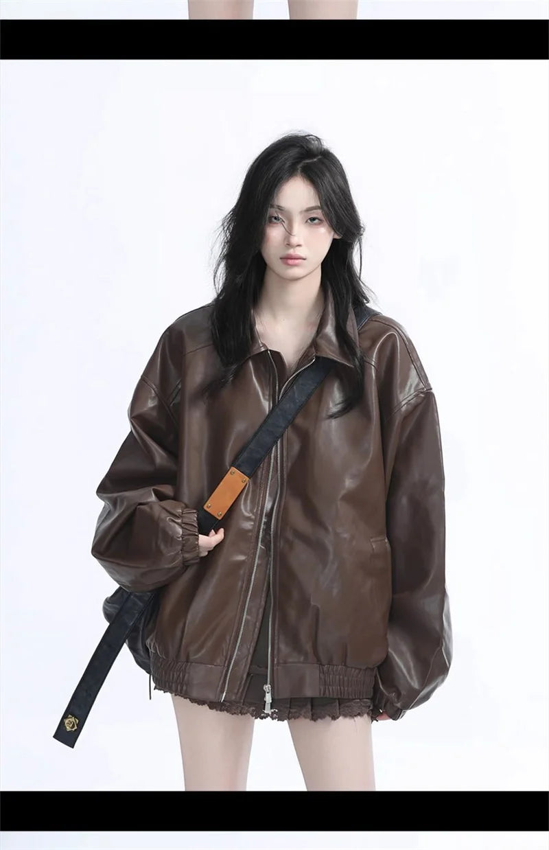 Women's Retro Faux Leather Zip-Up Jacket