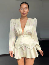 Print  Dress Women's Floral Satin Mini Dress Deep V-Neck Puff Sleeves Peplum Waistband Two-Piece Party Dresses Woman Clothes