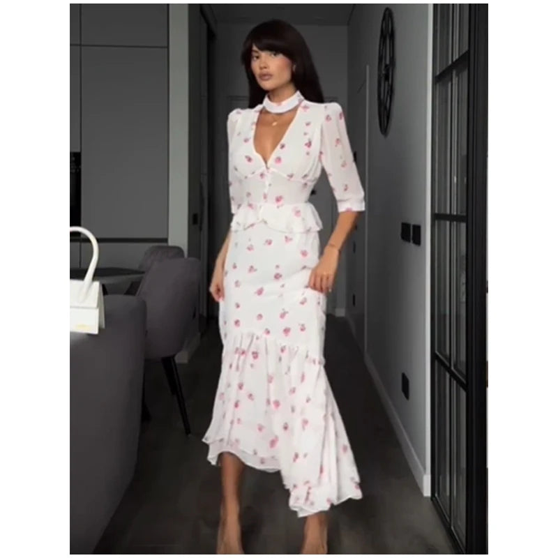 Women Elegant Printed V-neck Dress Chic Lapel Waist Cinched Pleated High Waisted Dresses 2026 Summer New Lady Vacation Gowns