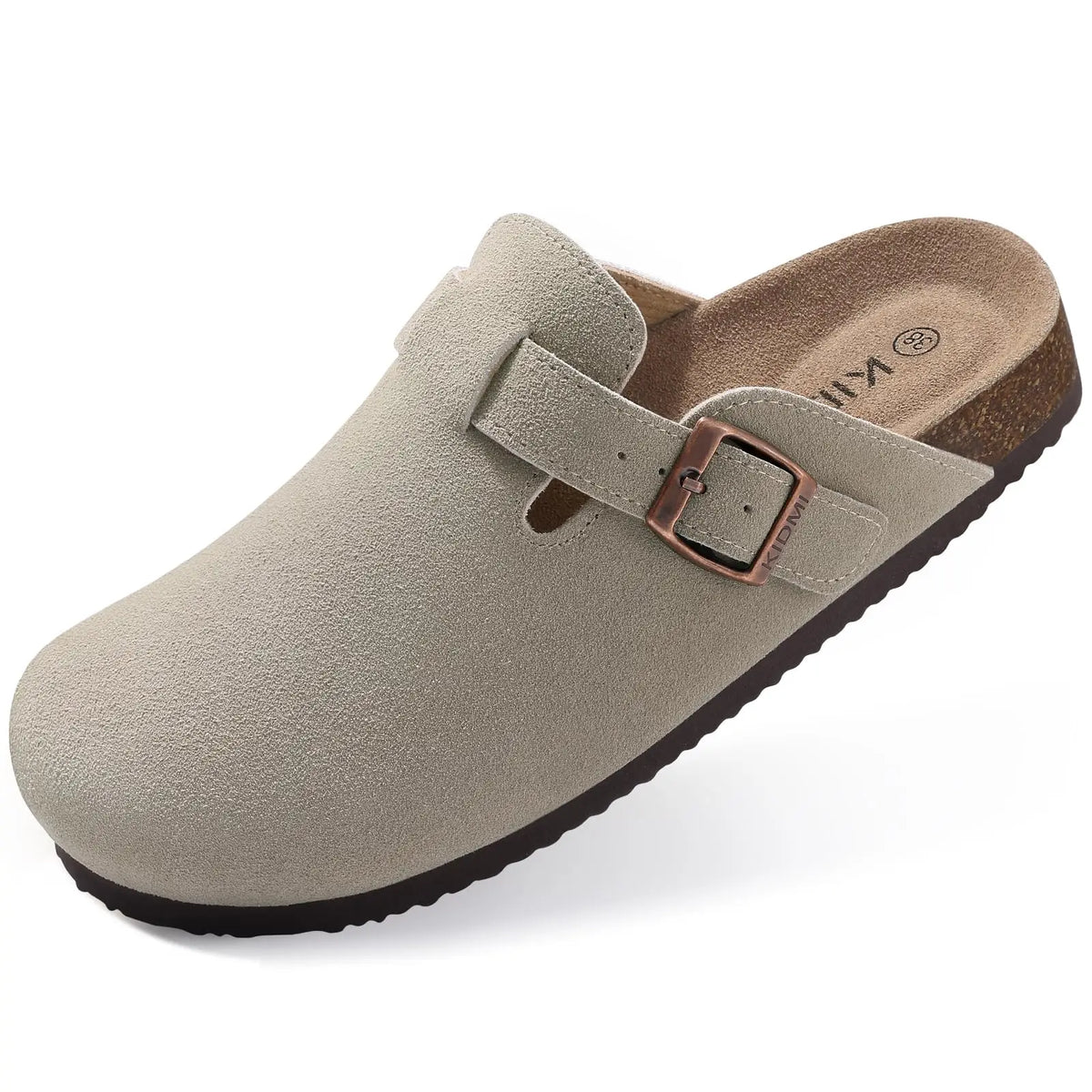 Evshine Men's Suede Clogs Fashion Leather Mules Cozy Footbed Slippers With Adjustable Buckle AntiSlip Cork Slippers Unisex Mules