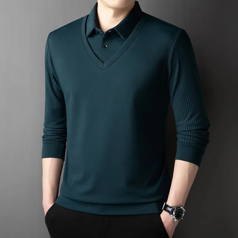 Men's Contrast Polo Shirt – Relaxed Long Sleeve Layered Look
