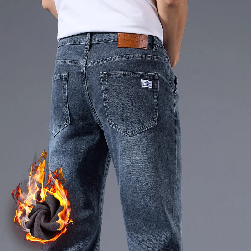 Men's Winter Fleece Thicken Lightweight Business Straight Leg Jeans Solid Color Versatile Slight Elastic Long Pants