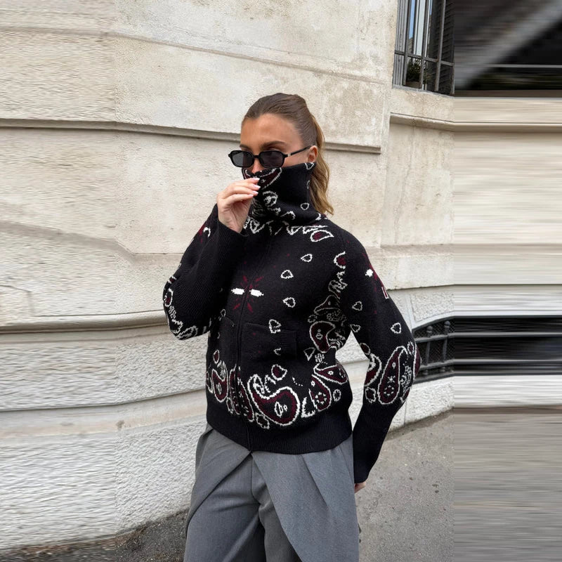 Vintage-Style Printed Knit Cardigan