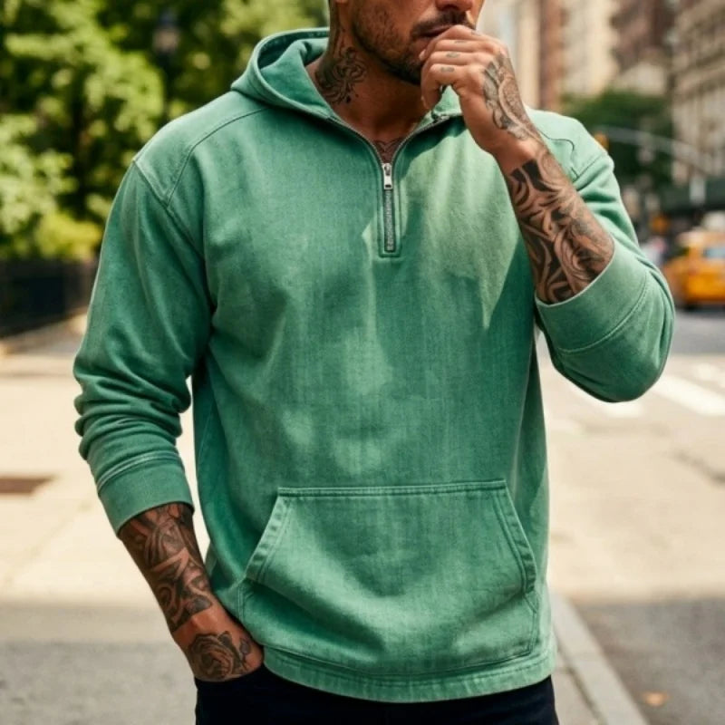 Spring/Autumn Men's Hoodie Denim Streetstyle Zip-Up | Short-Sleeved Sweatshirt | New Casual & Versatile Casualwear Top for Man