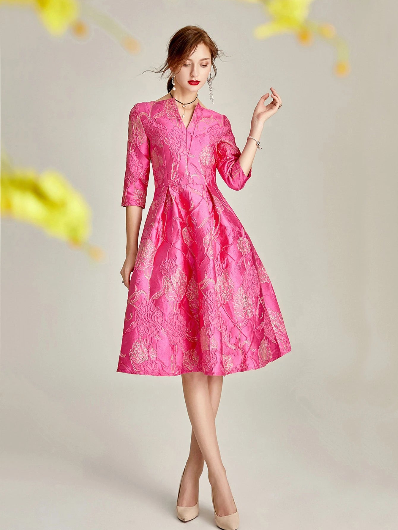 Women's Rose Jacquard V-Neck A-Line Party Dress