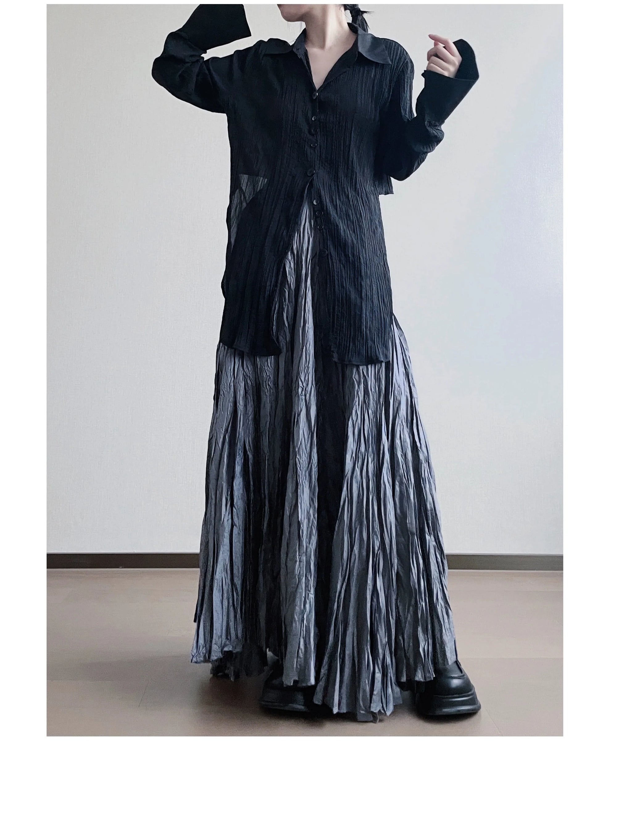 UMI MAO Irregular Fold Maxi Skirt – Elegant A-Line