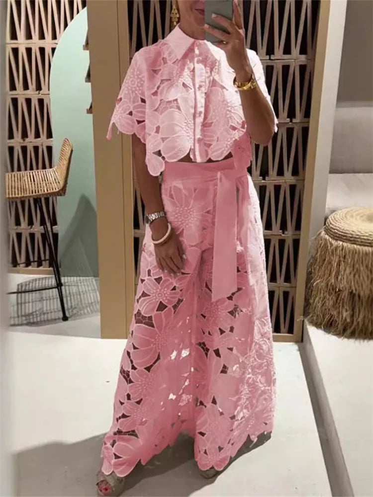 Wmstar Two Piece Set Women Hollow Out  Wide Leg Pants Sets Matching Casual Lace Suit Suits Wholesale Dropshipping New Style