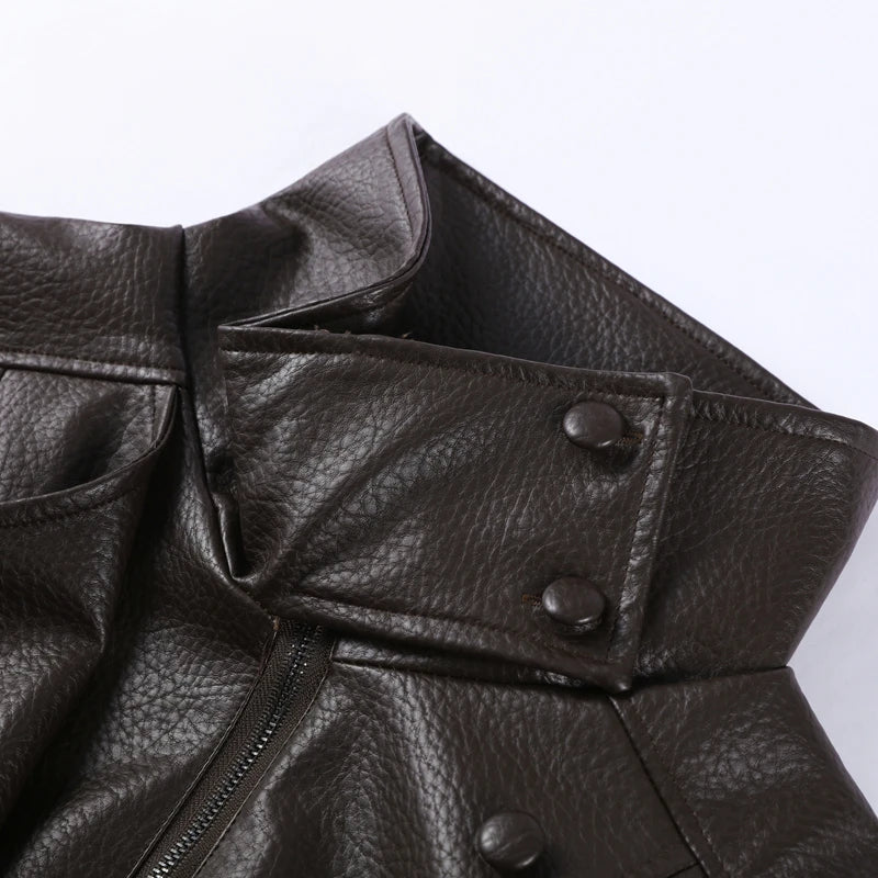 2026 Autumn Women's Faux Leather Jacket Brown Black Long Sleeve Stand Collar Thick Loose Lady Coat Fashion Motorcycle Streetwear