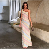 Color Blocked Knitted Long Dress Women Elegant Off Shoulder Corset High Split Vestidos 2026 Lady Daily Beach Vacation Wear New
