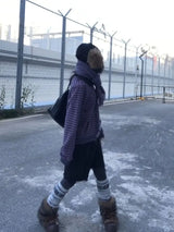 Y2K Vintage Zipper Hoodie Women Long Sleeve Subculture Purple Stripe Priint Harajuku Style Autumn Spting Casual Tops Streetwear