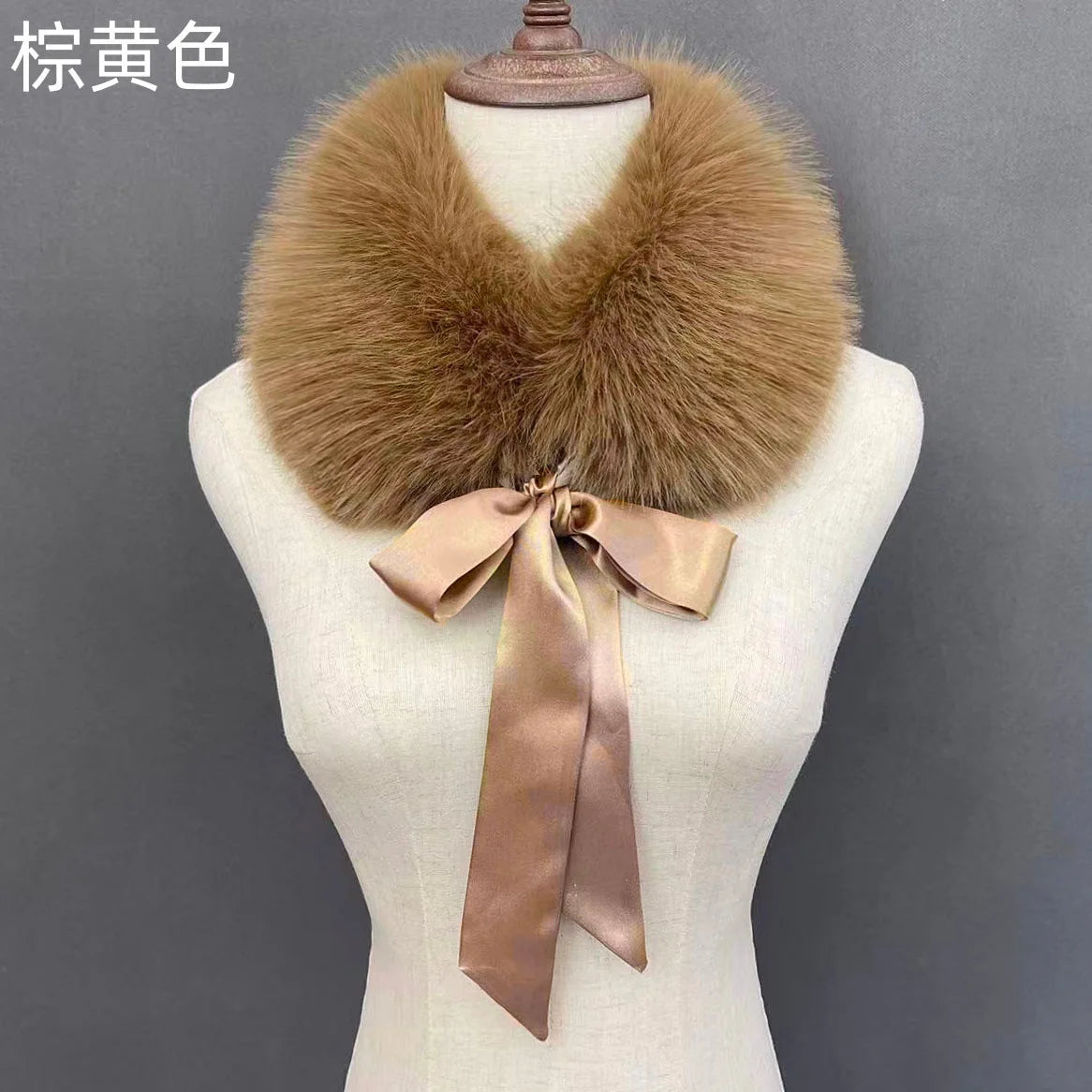 Fluffy Faux Fur Headband Neckerchief 2 in 1 Winter Thermal Plush Ear Warmer Collar Scarf  Satin Ribbon Bow Women Hair Band