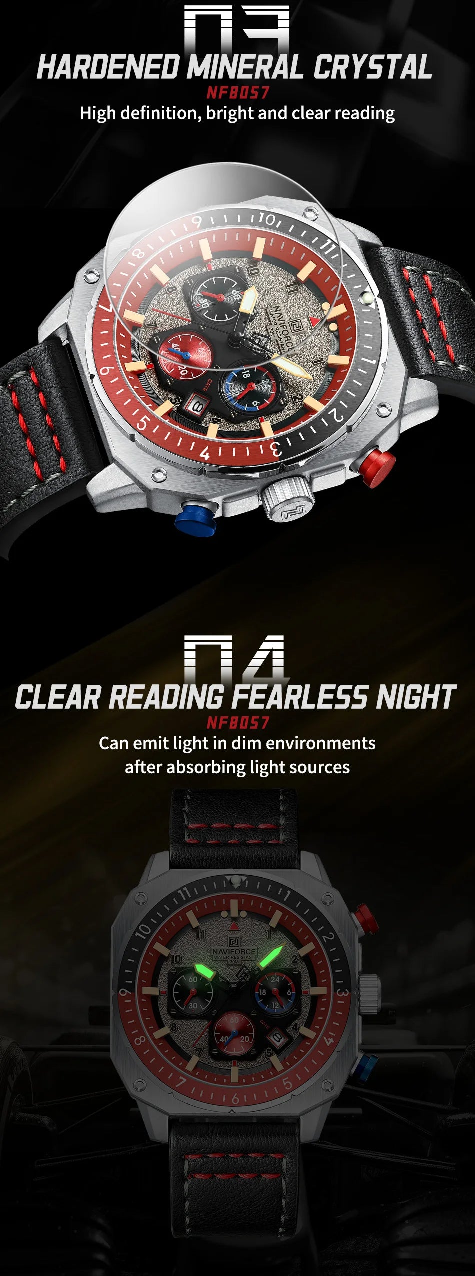 NAVIFORCE Sports Multifunction Waterproof Watches for Men Fashion Leather Luxury Brand Quartz Analog Luminous Square Wrist Watch
