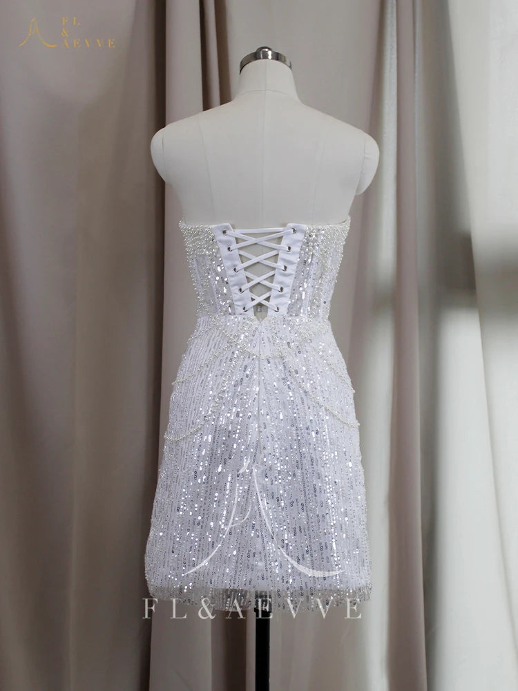 Customized Short Pearls Beading Wedding Dress Strapless Evening Gown Mini Skirt Backless Formal Party Dresses