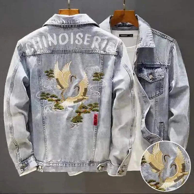 New Denim Jacket Mens Embroidery Trendy Jackets Casual Vintage Streetwear Coats Autumn High Street Embroidery Denim Jacket