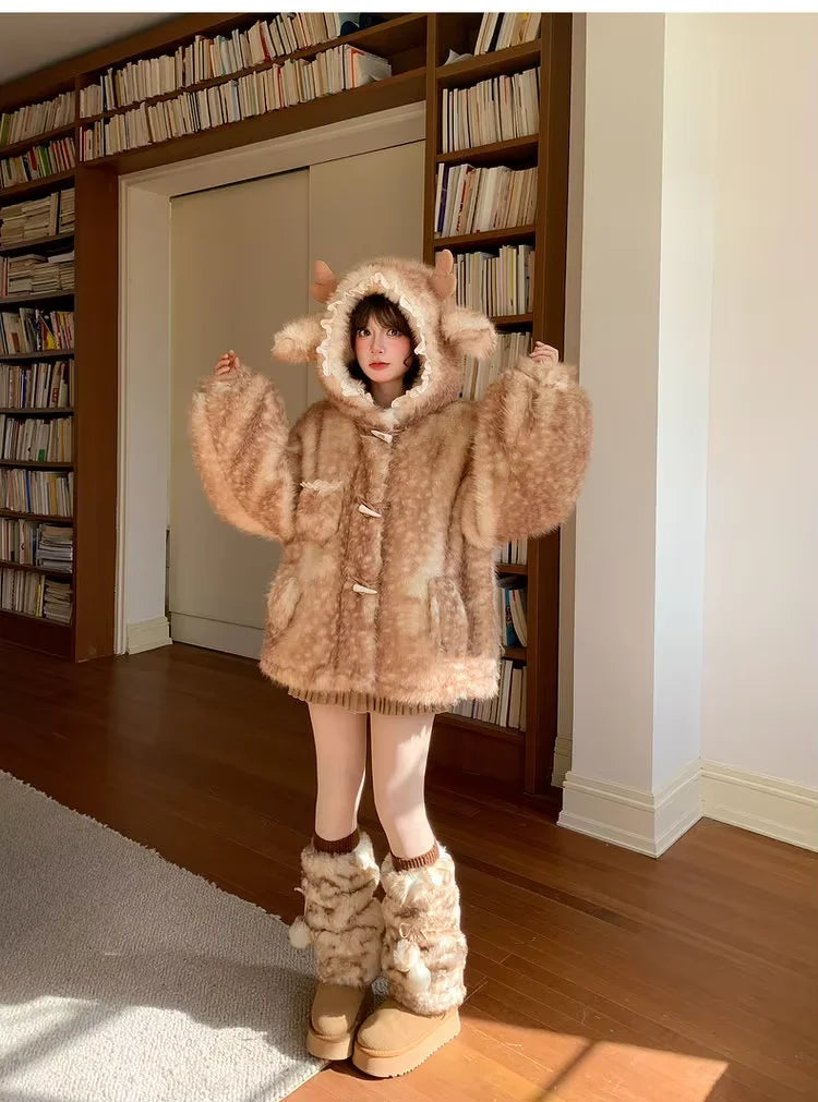 Women's Hooded Faux Fur Coat with Deer Ears