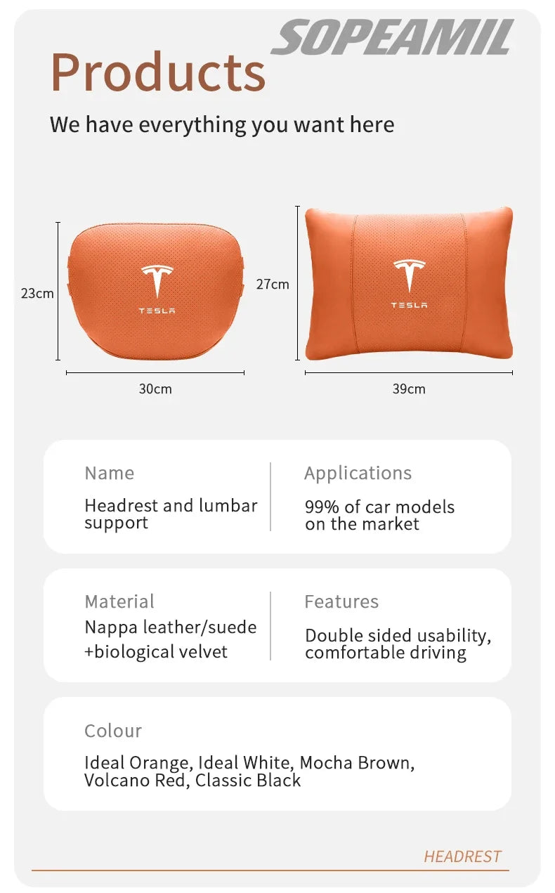 Car Double-Sided Suede Leather Headrest Neck Support Pillow Seat Waist Cushion Tesla Cybertruck Model 3 Model Y Model S Model X
