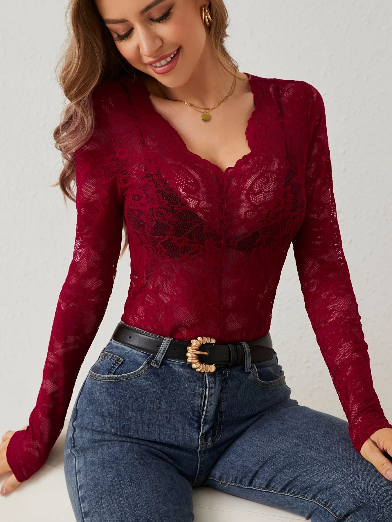 Elegant Floral Lace V-Neck Top