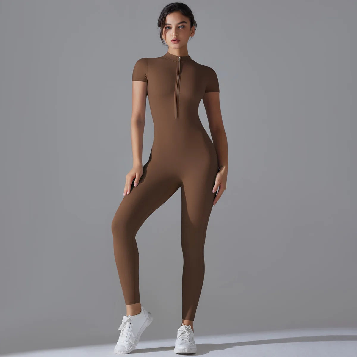 Zip-Front Yoga Jumpsuit - Quick-Dry Short Sleeve Fitness Bodysuit