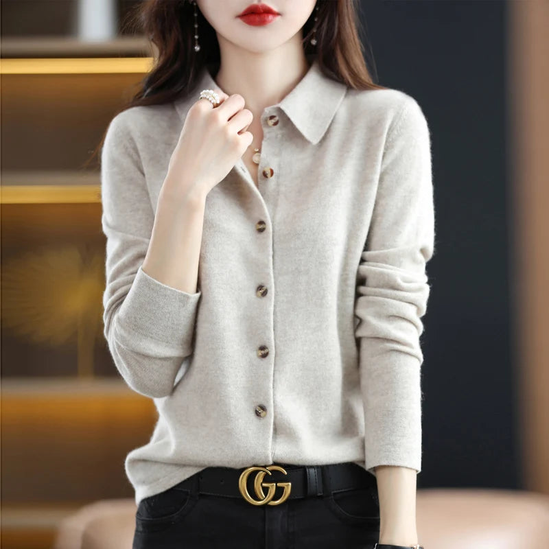 Polo Collar Spun Wool Cardigan – Elegant Single-Breasted Knit Jacket