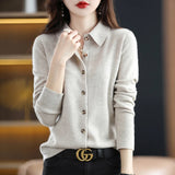 Polo Collar Spun Wool Cardigan – Elegant Single-Breasted Knit Jacket