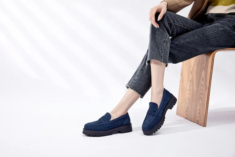 AIYUQI Women's Suede Square-Heel Loafers | British Style