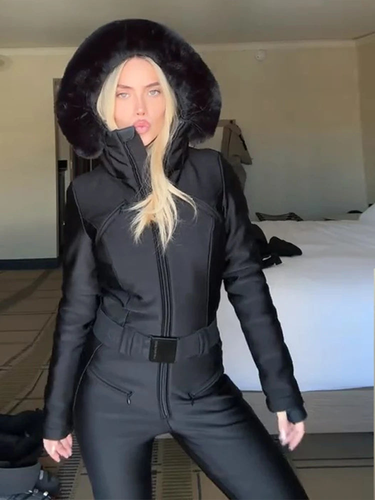 Women’s Faux Fur Hooded Ski Jumpsuit | Waterproof Winter Romper